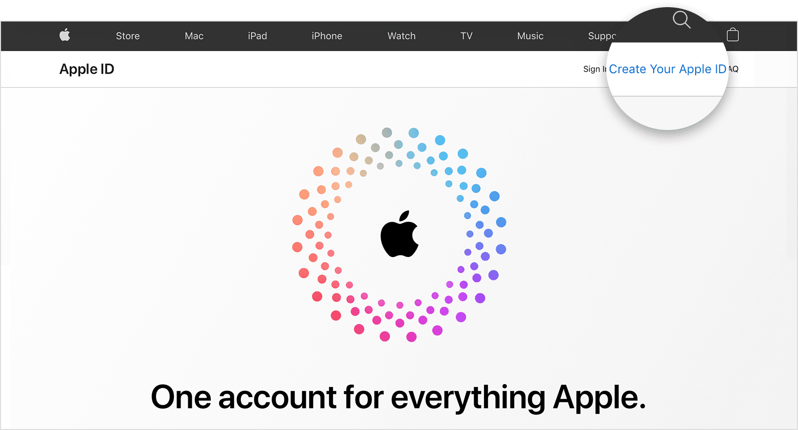 A screenshot of appleid.apple.com, which features an Apple logo in the center of the screen surrounded by concentric colored circles.